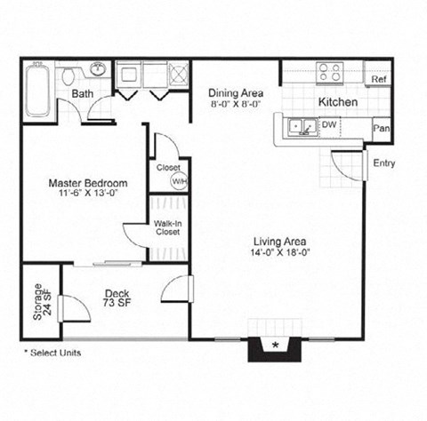 Floor plan for 1 bed, 1 bath, 833 sqft